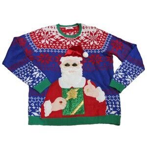 Holiday Time Santa Claus Sun Glasses Snowflake Ugly Christmas 3D Sweater XL